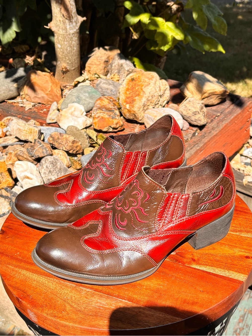 Born Two-Tone Brown and Red Western-Inspired Heeled Boots